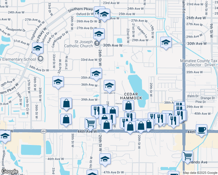 map of restaurants, bars, coffee shops, grocery stores, and more near 2414 36th Avenue West in Bradenton