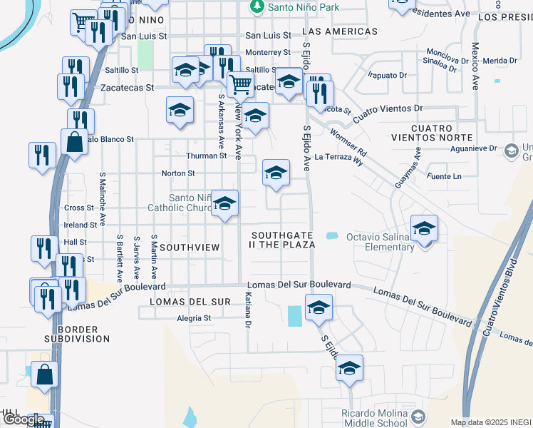 map of restaurants, bars, coffee shops, grocery stores, and more near 3002 Frio Plaza in Laredo
