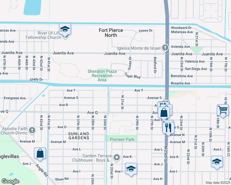 map of restaurants, bars, coffee shops, grocery stores, and more near 3105 Avenue T in Fort Pierce