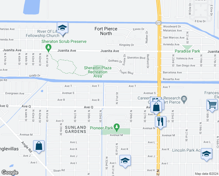map of restaurants, bars, coffee shops, grocery stores, and more near 3105 Avenue T in Fort Pierce