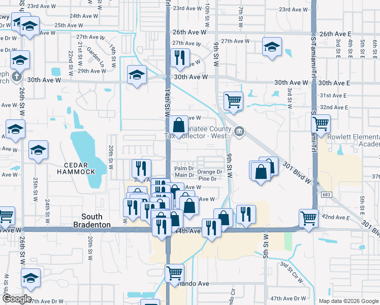 map of restaurants, bars, coffee shops, grocery stores, and more near 1113 36th Avenue West in Bradenton