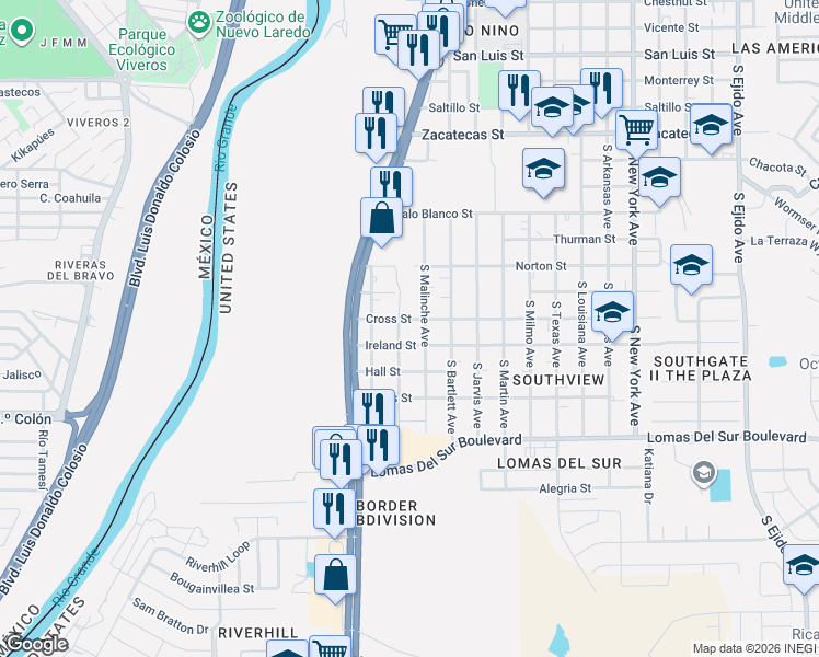 map of restaurants, bars, coffee shops, grocery stores, and more near 2002 Ireland Street in Laredo