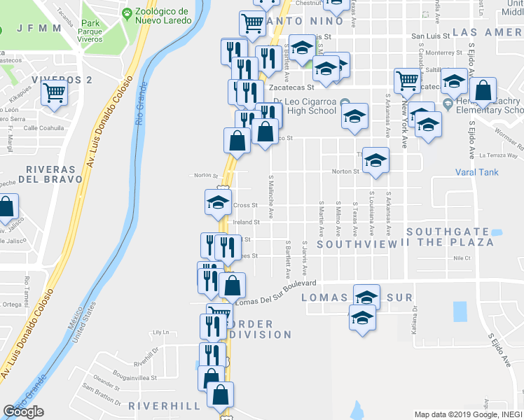 map of restaurants, bars, coffee shops, grocery stores, and more near 2005 Cross Street in Laredo