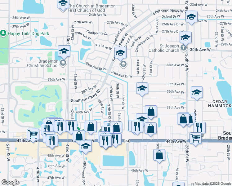 map of restaurants, bars, coffee shops, grocery stores, and more near 3708 36th Street West in Bradenton