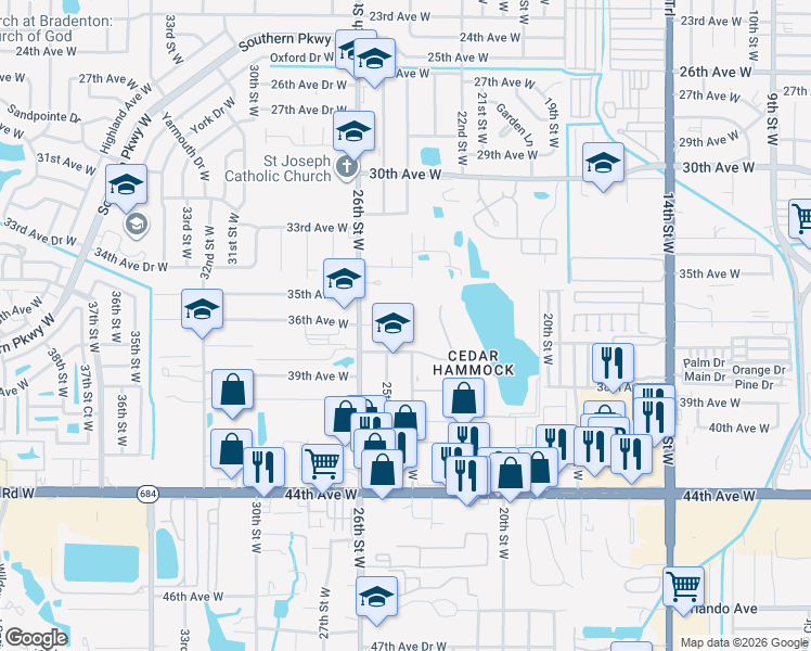 map of restaurants, bars, coffee shops, grocery stores, and more near 2401 36th Avenue West in Bradenton