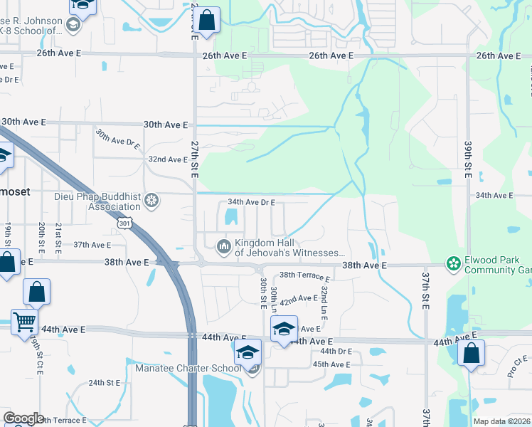 map of restaurants, bars, coffee shops, grocery stores, and more near 3415 30th Lane East in Bradenton