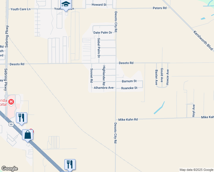 map of restaurants, bars, coffee shops, grocery stores, and more near 4703 Alhambra Avenue in Sebring