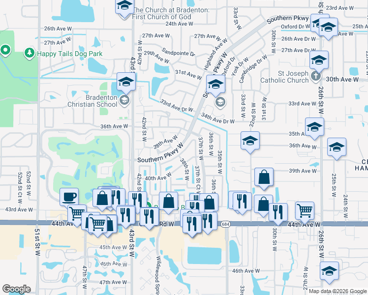 map of restaurants, bars, coffee shops, grocery stores, and more near 3948 37th Street Court West in Bradenton