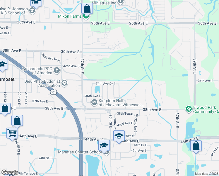 map of restaurants, bars, coffee shops, grocery stores, and more near 3415 30th Lane East in Bradenton