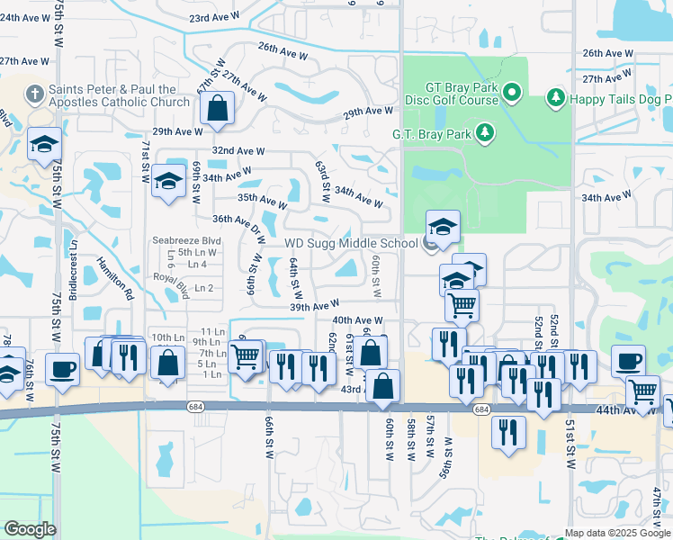 map of restaurants, bars, coffee shops, grocery stores, and more near 6205 37th Avenue West in Bradenton