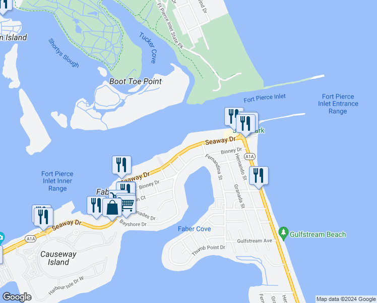 map of restaurants, bars, coffee shops, grocery stores, and more near 1621 Seaway Drive in Fort Pierce
