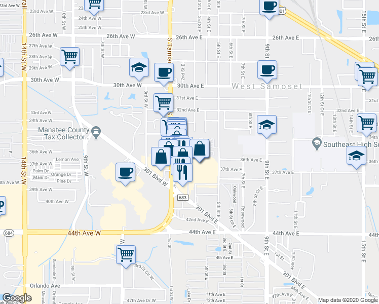 map of restaurants, bars, coffee shops, grocery stores, and more near 286 34th Avenue Drive East in Bradenton