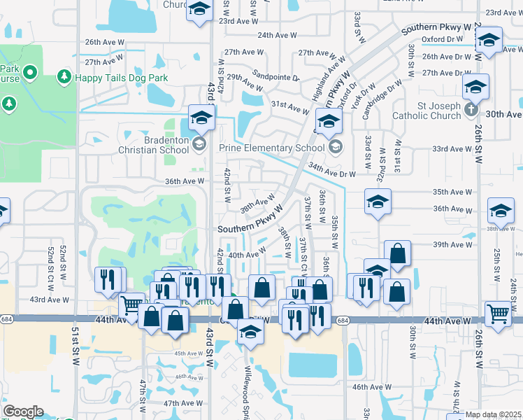 map of restaurants, bars, coffee shops, grocery stores, and more near 3804 39th Avenue West in Bradenton
