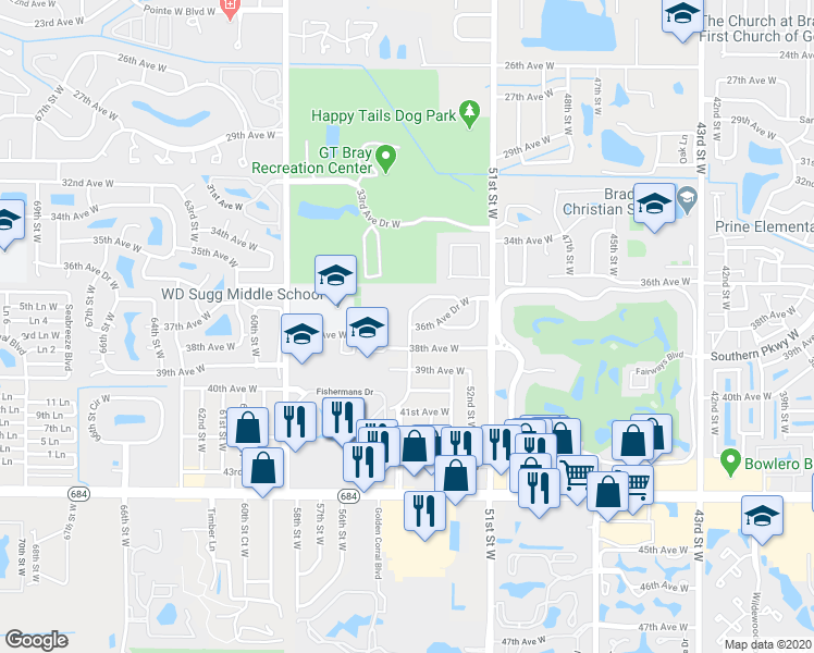 map of restaurants, bars, coffee shops, grocery stores, and more near 5318 38th Avenue West in Bradenton