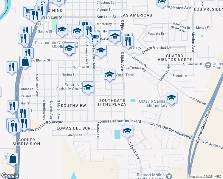 map of restaurants, bars, coffee shops, grocery stores, and more near 3100 Potomac Court in Laredo