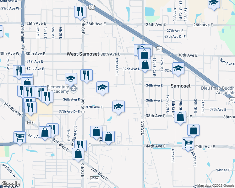 map of restaurants, bars, coffee shops, grocery stores, and more near 1200 37th Ave E in Bradenton