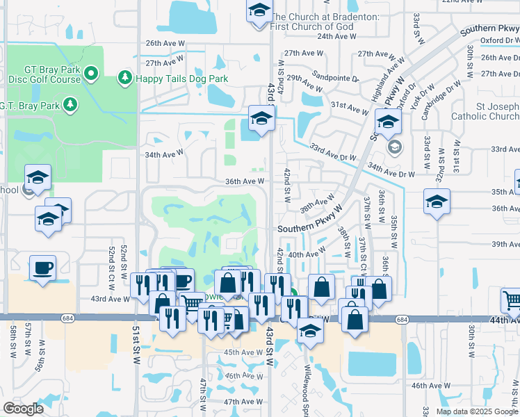 map of restaurants, bars, coffee shops, grocery stores, and more near 3890 Pinebrook Circle in Bradenton