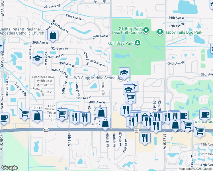 map of restaurants, bars, coffee shops, grocery stores, and more near 3608 59th Street Drive West in Bradenton