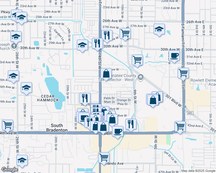 map of restaurants, bars, coffee shops, grocery stores, and more near 1228 36th Avenue West in Bradenton