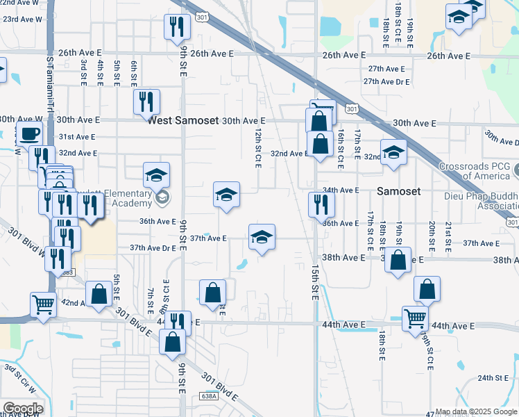 map of restaurants, bars, coffee shops, grocery stores, and more near 1200 37th Avenue East in Bradenton