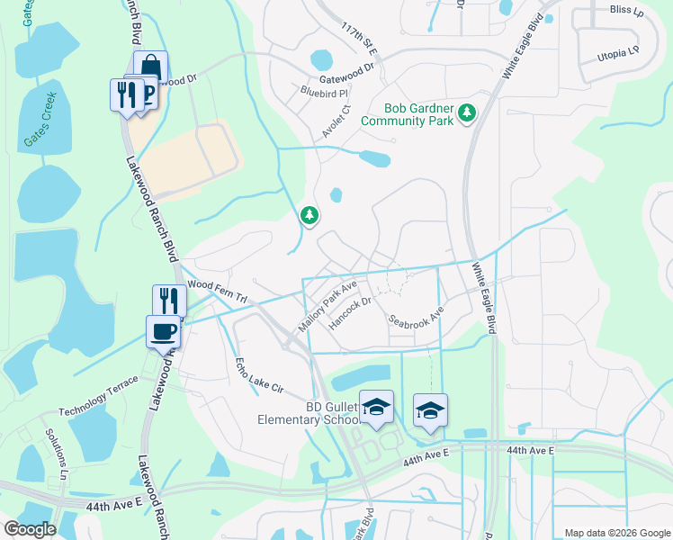 map of restaurants, bars, coffee shops, grocery stores, and more near 11822 Mallory Park Avenue in Bradenton