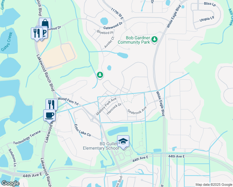 map of restaurants, bars, coffee shops, grocery stores, and more near 11822 Mallory Park Avenue in Bradenton
