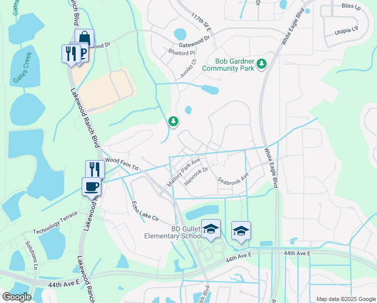 map of restaurants, bars, coffee shops, grocery stores, and more near 11822 Mallory Park Avenue in Bradenton