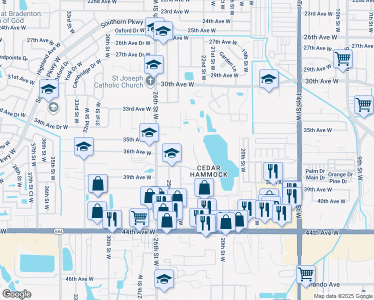 map of restaurants, bars, coffee shops, grocery stores, and more near 2414 36th Avenue West in Bradenton