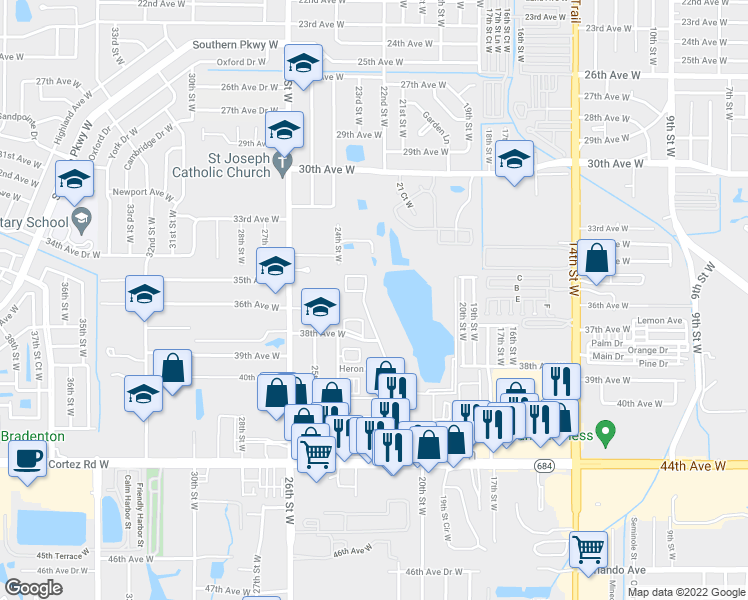 map of restaurants, bars, coffee shops, grocery stores, and more near 3799 Lake Bayshore Drive in Bradenton