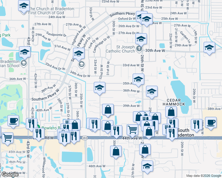 map of restaurants, bars, coffee shops, grocery stores, and more near 2921 36th Avenue West in Bradenton