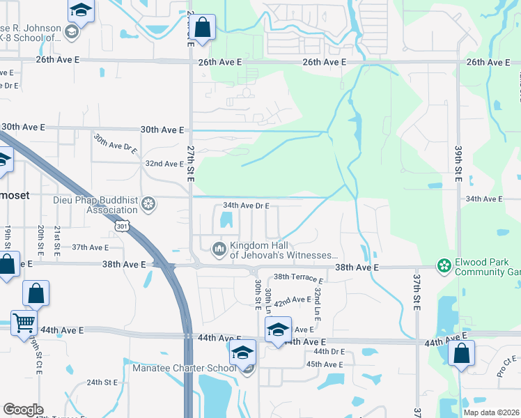 map of restaurants, bars, coffee shops, grocery stores, and more near 3415 30th Lane East in Bradenton