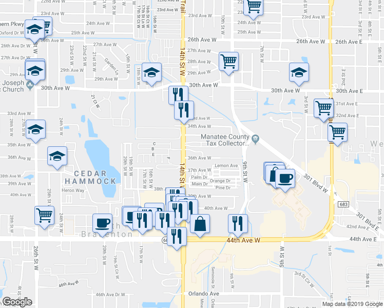 map of restaurants, bars, coffee shops, grocery stores, and more near 3603 14th Street West in Bradenton