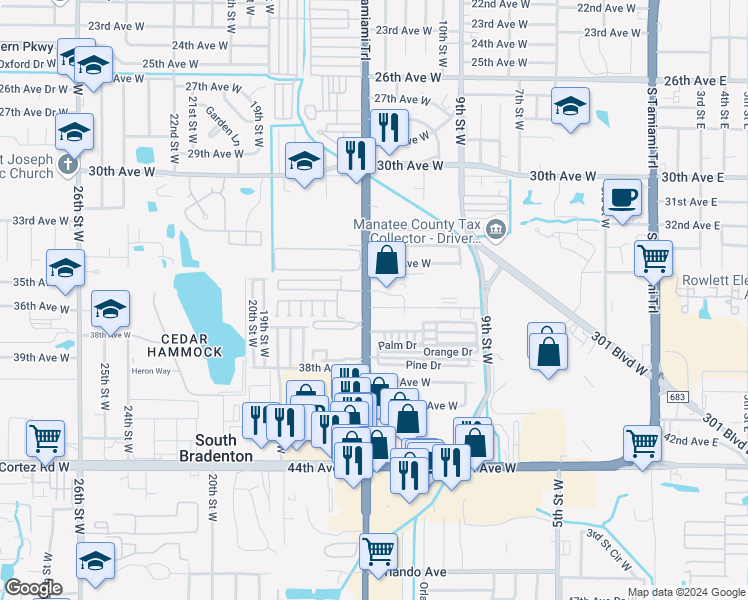 map of restaurants, bars, coffee shops, grocery stores, and more near 3603 14th Street West in Bradenton