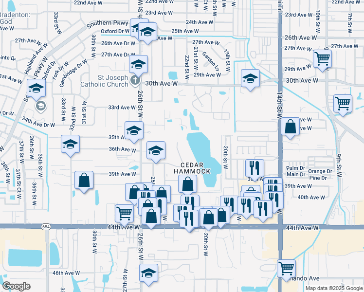 map of restaurants, bars, coffee shops, grocery stores, and more near 3799 Lake Bayshore Drive in Bradenton