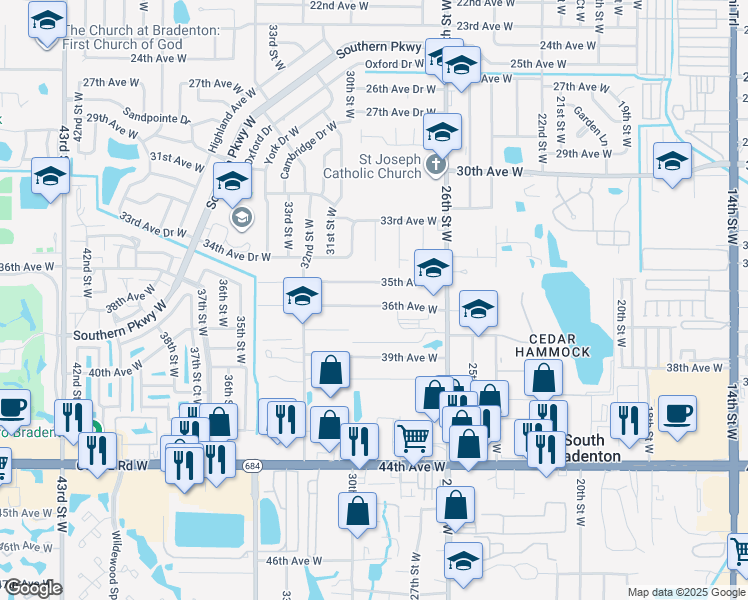map of restaurants, bars, coffee shops, grocery stores, and more near 2921 36th Avenue West in Bradenton