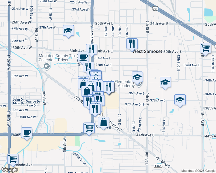map of restaurants, bars, coffee shops, grocery stores, and more near 350 34th Avenue Drive East in Bradenton