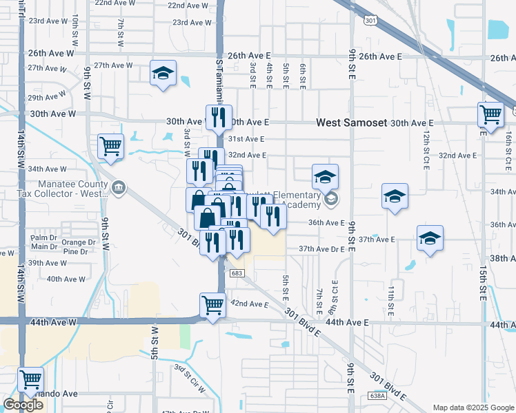 map of restaurants, bars, coffee shops, grocery stores, and more near 350 34th Avenue Drive East in Bradenton