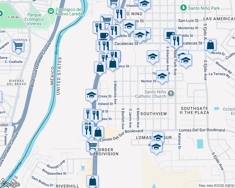 map of restaurants, bars, coffee shops, grocery stores, and more near 3022 South Bartlett Avenue in Laredo
