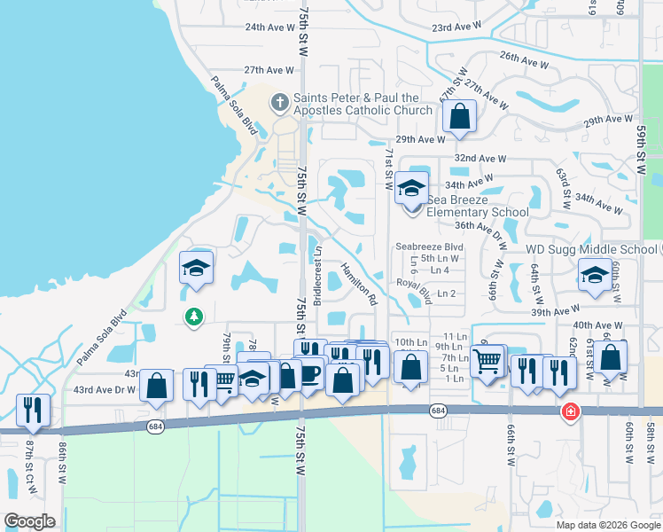 map of restaurants, bars, coffee shops, grocery stores, and more near 7404 Hamilton Road in Bradenton