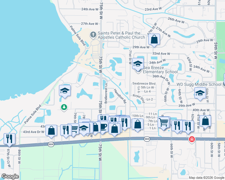 map of restaurants, bars, coffee shops, grocery stores, and more near 7404 Hamilton Road in Bradenton