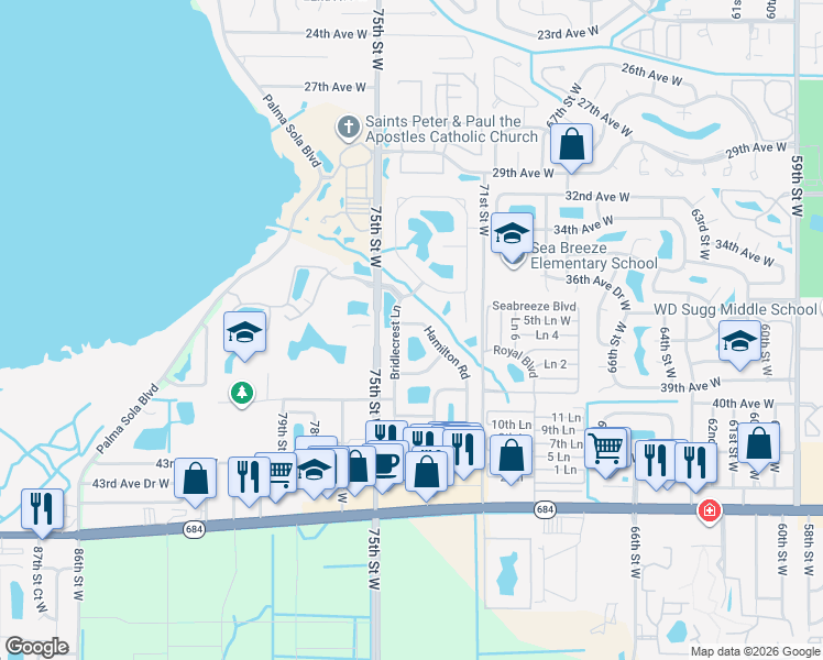 map of restaurants, bars, coffee shops, grocery stores, and more near 7404 Hamilton Road in Bradenton