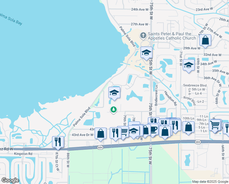 map of restaurants, bars, coffee shops, grocery stores, and more near 8205 37th Avenue Circle West in Bradenton