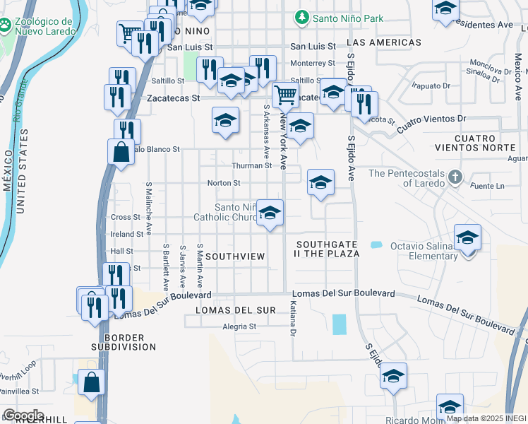 map of restaurants, bars, coffee shops, grocery stores, and more near 3101 South Louisiana Avenue in Laredo