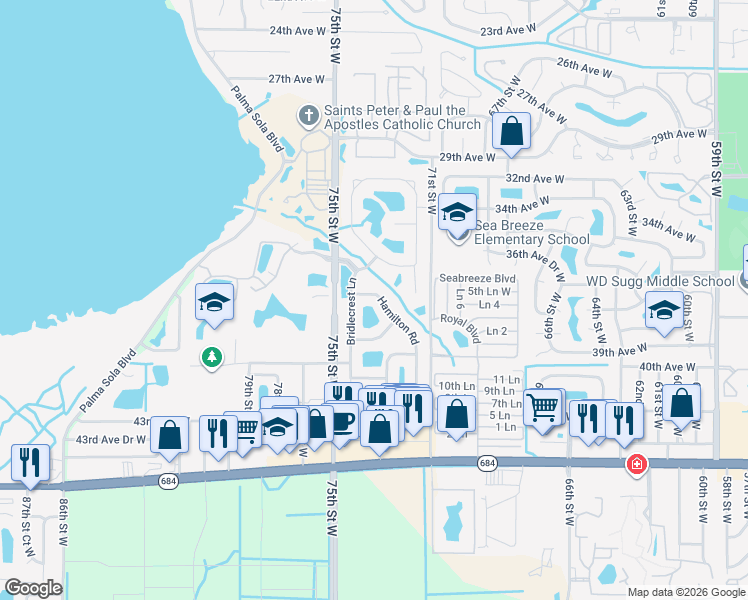 map of restaurants, bars, coffee shops, grocery stores, and more near 7404 Hamilton Road in Bradenton