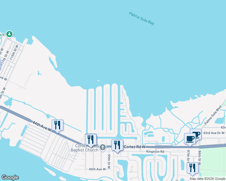 map of restaurants, bars, coffee shops, grocery stores, and more near 3603 Royal Palm Drive in Bradenton