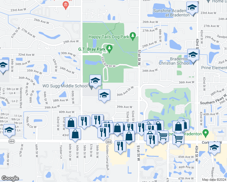 map of restaurants, bars, coffee shops, grocery stores, and more near 5314 36th Avenue Circle West in Bradenton