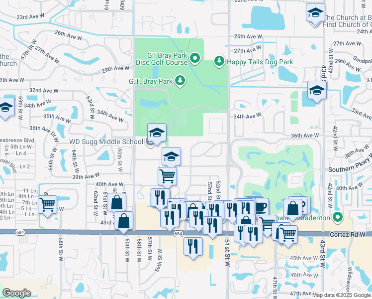 map of restaurants, bars, coffee shops, grocery stores, and more near 5310 36th Avenue Circle West in Bradenton