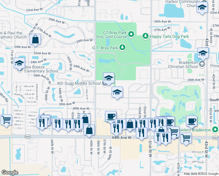 map of restaurants, bars, coffee shops, grocery stores, and more near 3801 59th St W in Bradenton