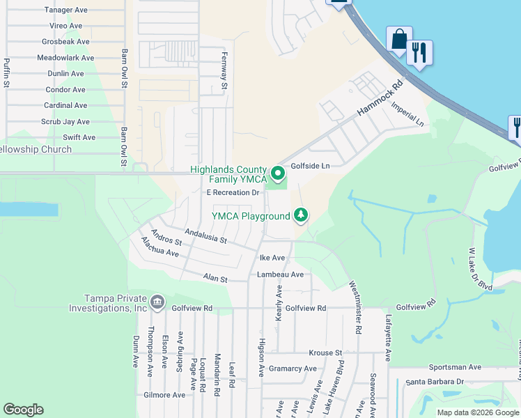 map of restaurants, bars, coffee shops, grocery stores, and more near 1719 East Recreation Drive in Sebring