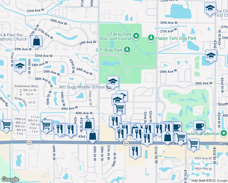 map of restaurants, bars, coffee shops, grocery stores, and more near 3801 59th Street West in Bradenton